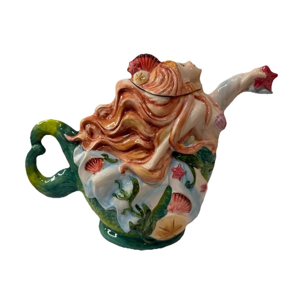 NEW BLUE SKY Heather Golmic Mermaid Teapot, Shells, Coastal, Nautical, SeaShore
